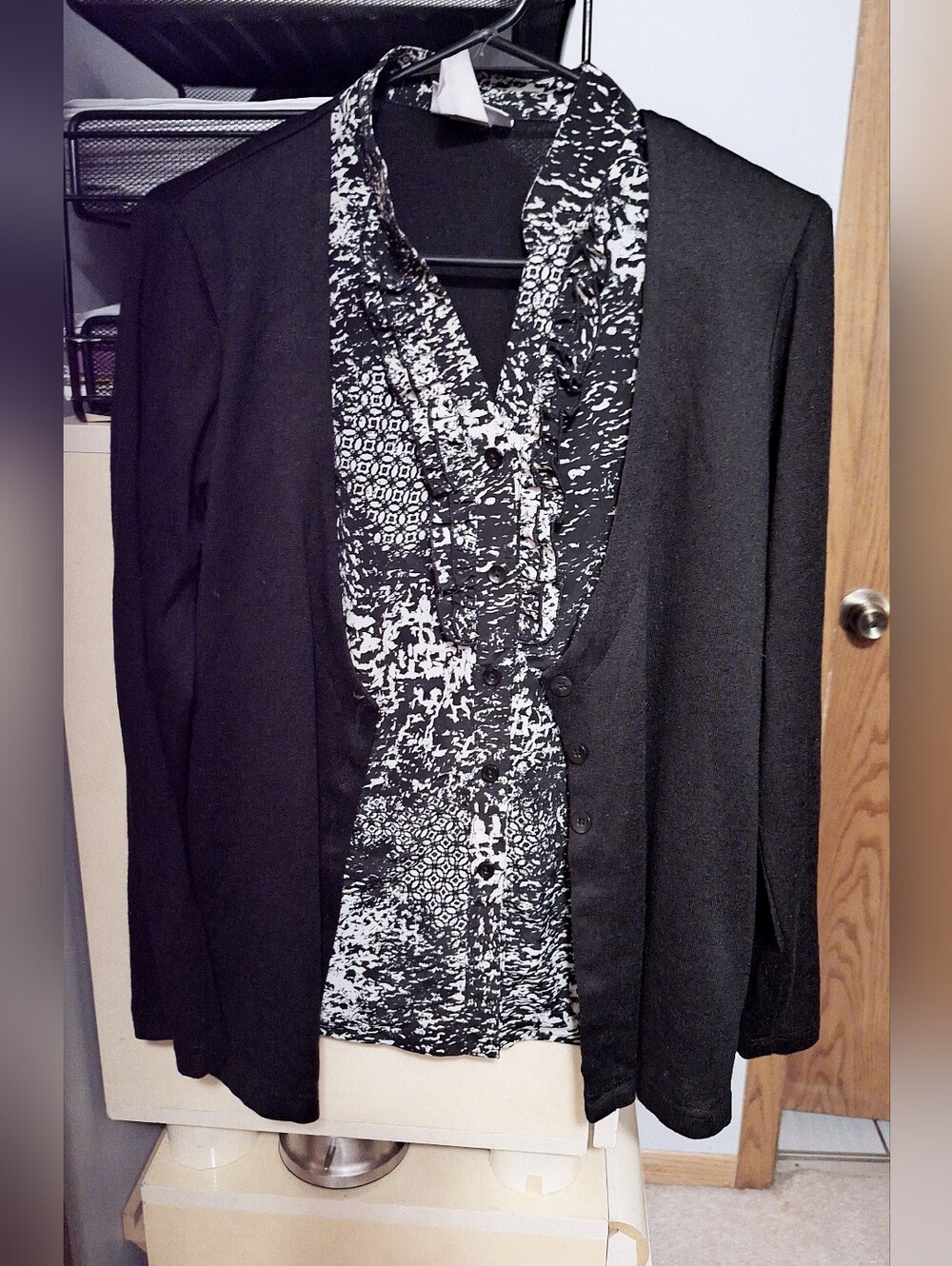 Black Women's Open-Front Cardigan with Printed Blouse